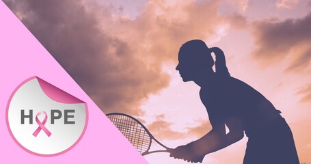 Composition of pink ribbon logo and hope text, with woman playing tennis