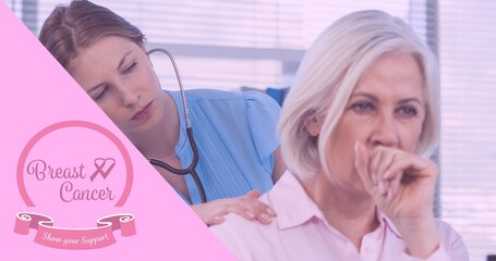 Composition of pink ribbon logo and breast cancer text, with female doctor and female patient