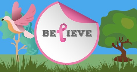 Composition of pink ribbon logo and breast cancer text on image of trees and bird