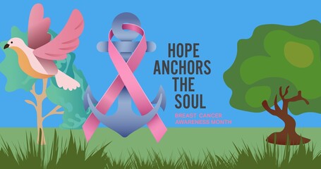 Composition of pink ribbon anchor logo and breast cancer text on image of trees and bird