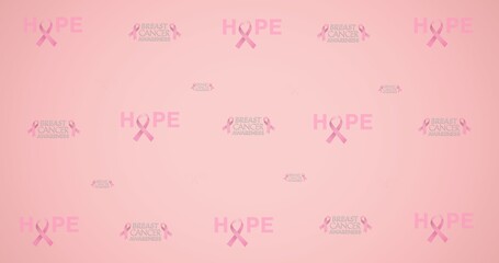 Composition of multiple ribbon and breast cancer text on pink background