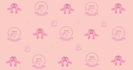 Composition of multiple ribbon and breast cancer text on pink background