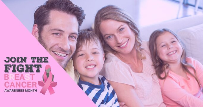Composition of october and breast cancer text, with smiling family indoors