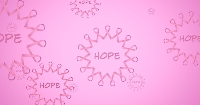 Composition of multiple ribbon and hope text on pink background
