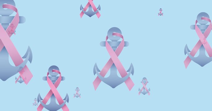 Composition of pink multiple anchor ribbon on blue background