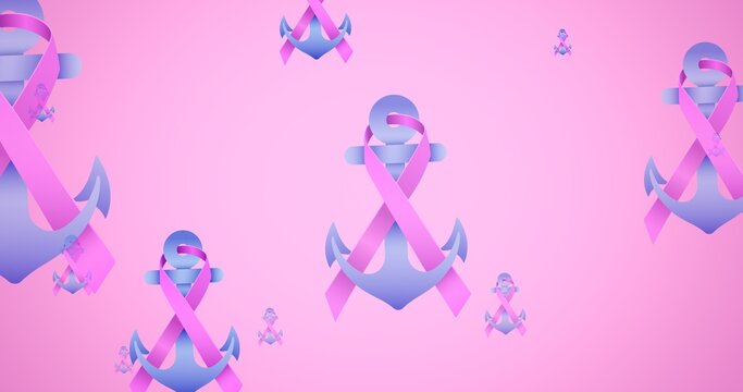Composition of pink multiple anchor ribbon on pink background