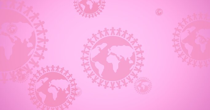 Composition of multiple pink globe logo on pink background