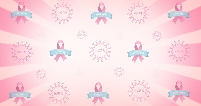 Composition of multiple ribbon and breast cancer text on pink background