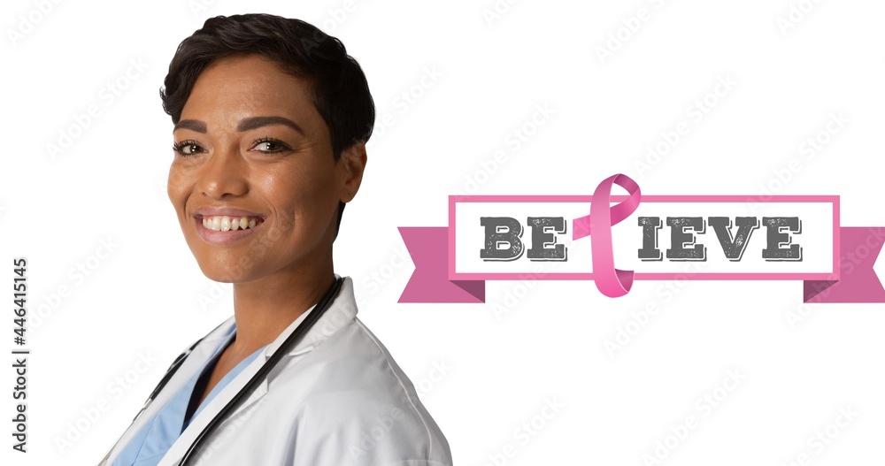 Wall mural Composition of smiling female doctor with believe text on white - Wall murals