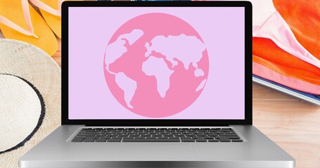 Composition of pink globe logo on the laptop screen