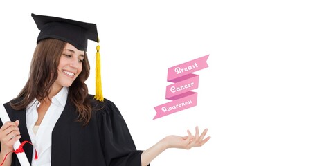 Composition of smiling female student with breast cancer text on white background