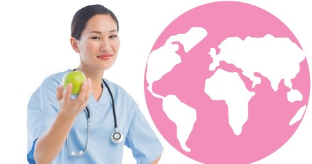 Composition of smiling female doctor with pink globe logo on white