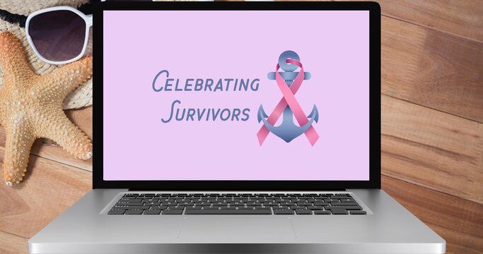 Composition of pink ribbon anchor logo and breast cancer text on the laptop screen