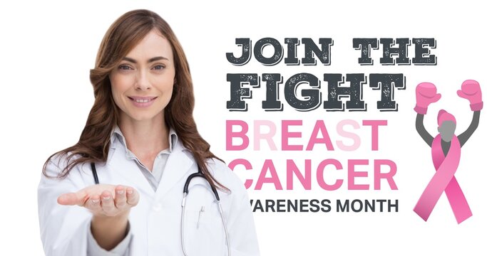 Composition of smiling female doctor with pink ribbon logo and breast cancer text on white