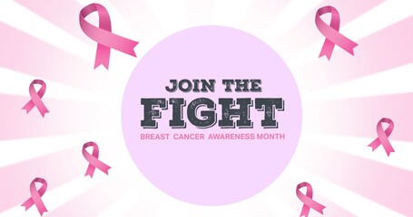 Composition of pink ribbon logo and breast cancer text on white background