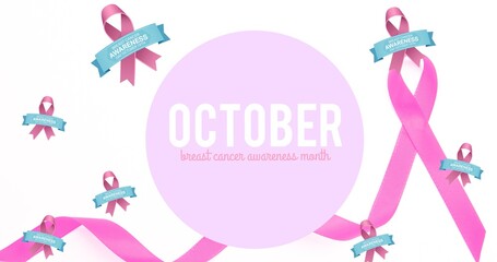 Composition of pink ribbon logo and breast cancer text on white background