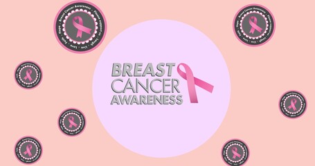 Composition of pink ribbon logo and breast cancer text on pink background