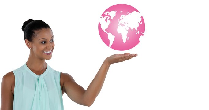 Composition of pink globe logo, with smiling young woman