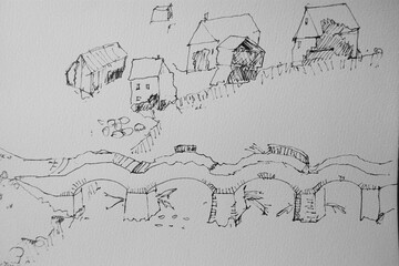 Durch eine Sturmflut zerstörte Brücke über die Uhr oder einen anderen Fluss  aus Stein in einer Siedlung