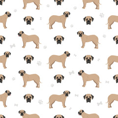 Bullmastiff seamless pattern. Different coat colors and poses set