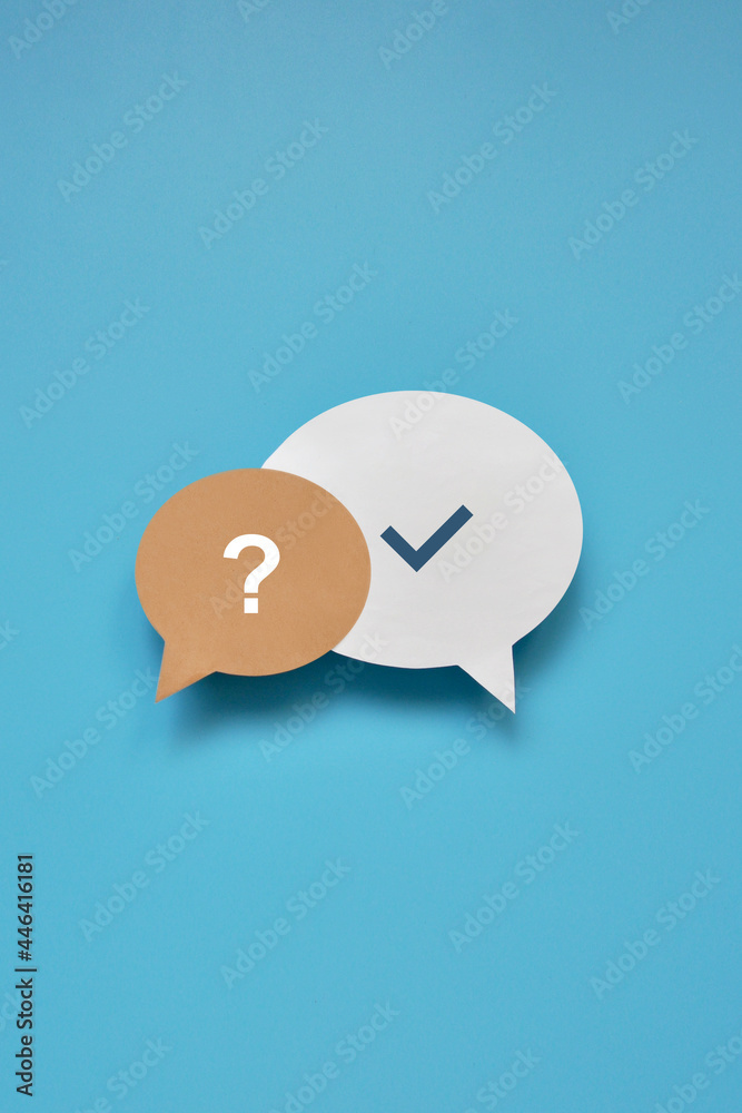 Poster conversational clouds with a picture of a question and a tick. a symbol for raising questions and ge