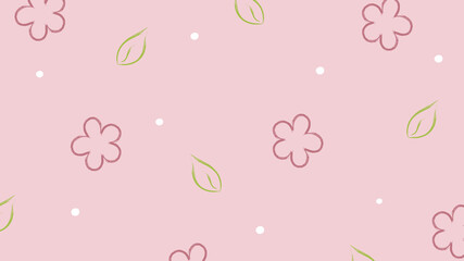 Flowers, leaves, and small dots made with brush stroke on a light pink background. Cute background. Hand drawn vector.