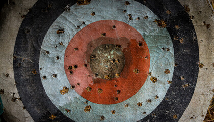Closeup shot of an old target full of holes used for archery