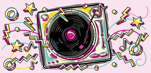 Funky colorful drawn musical turntable and notes