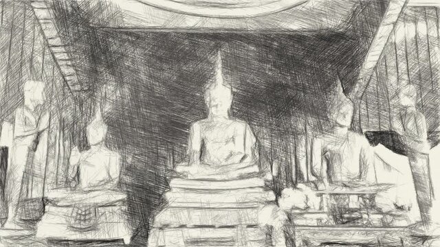 art drawing black and white of buddha statue