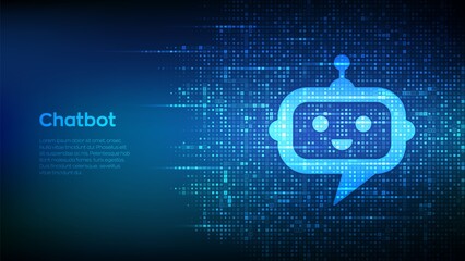Robot chatbot head icon sign made with binary code. Chatbot assistant application. AI concept. Digital binary data and streaming digital code. Matrix background with digits 1.0. Vector Illustration.