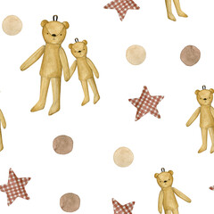 Watercolor seamless pattern with toy bears, stars and polka dot. Hand drawn clipart. Isolated on white background.