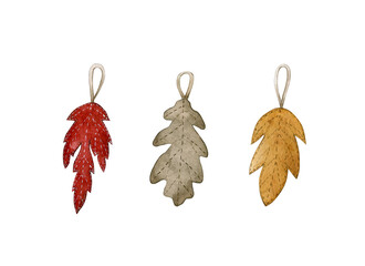Watercolor illustration set with decorative autumn leaves. Hand drawn illustration. Isolated on white background.