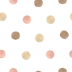 Watercolor seamless pattern polka dot pink and brown. Hand drawn clipart. Isolated on white background.