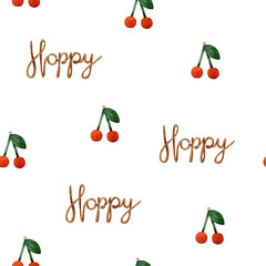 Watercolor seamless pattern with cherries and lettering. Hand drawn clipart. Isolated on white background.