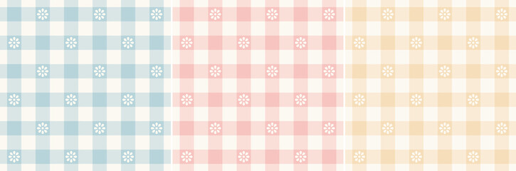 Floral gingham check plaid pattern set for Easter holiday in pastel blue, pink, yellow, off white. Seamless vichy tartan vector set for dress, napkin, towel, handkerchief, other spring summer print. - obrazy, fototapety, plakaty