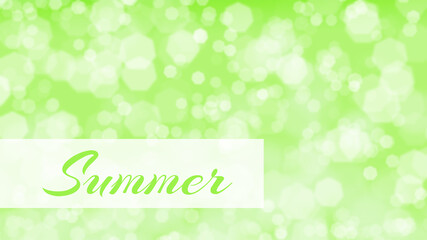 Light green blurred background pattern with white random abstract bokeh and white plate, text summer