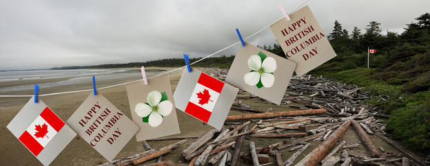 Happy British Columbia Day. Holiday greeting cards with Pacific dogwood flower - B.C. floral emblem...