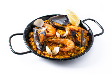 Traditional spanish seafood paella isolated on white background