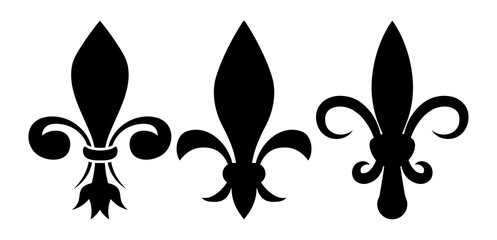 Vector set of heraldic icon. Three unique black silhouettes of lily flowers. Simple elegant fleur-de-lis symbol on a white background. - obrazy, fototapety, plakaty