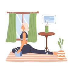 Young woman doing physical exercise. Female practicing stretching workout. Home fitness and sport activity. Person training in sportswear. Flat vector illustration isolated on white background.