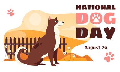 National Dog Day horizontal vector banner template with a cheerful dog sitting near a hedge. Holiday which acknowledges family dogs and dogs that work selflessly each day to save human lives.