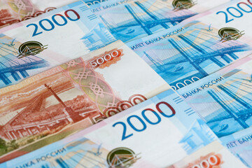 Russian rubles money background. Bills of 2000 and 5000 rubles. Business and finance concept.