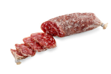 Small Italian salami  cut with slices, sausage called cacciatorino isolated on white, copy space