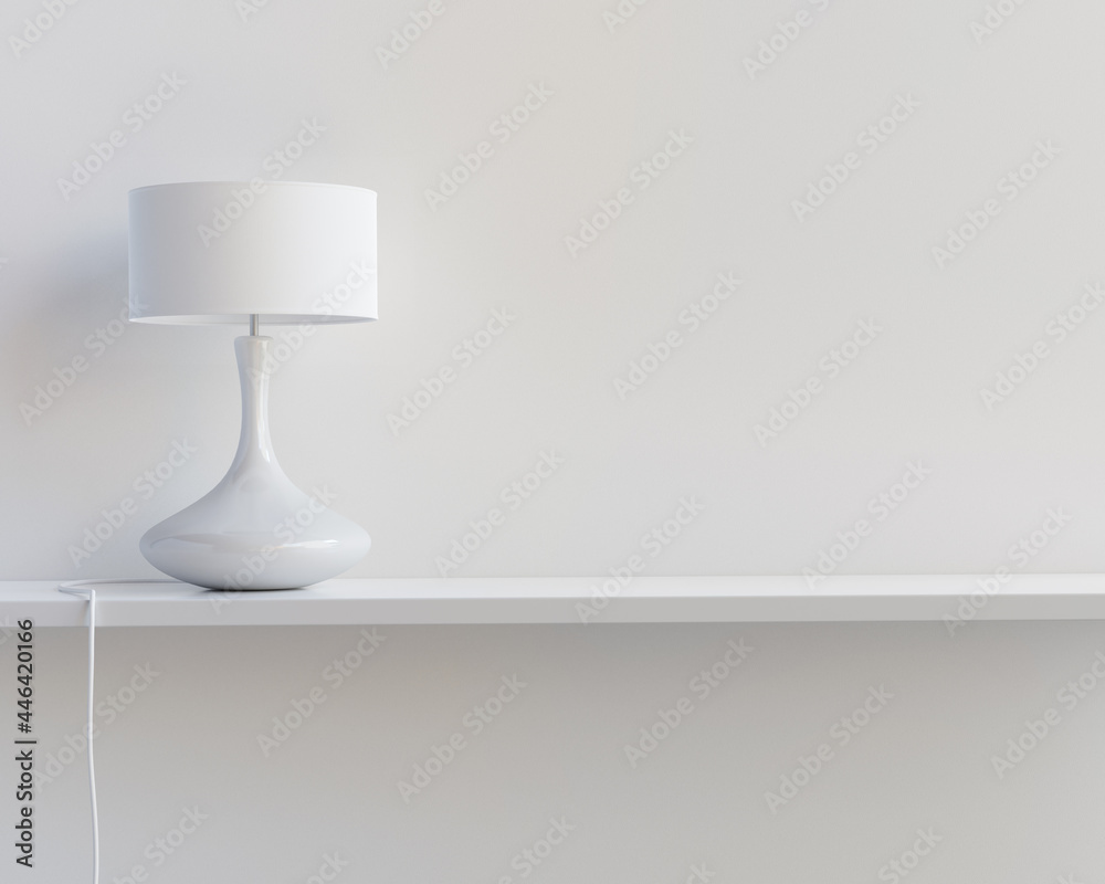 Poster Lamp standing on the shelf in minimalistic white interior. 3D render. 3D illustration.