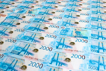 Russian rubles money background. Bills of 2000 rubles. Business and finance concept.