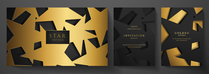 Gold star invitation, cover design set. Luxury starry pattern on black background. Premium horizontal, vertical vector template for holiday invitation, award-winning, birthday party, gift certificate