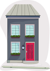 Urban european house, three windows with flower pots, red door. Vector isolated illustration 