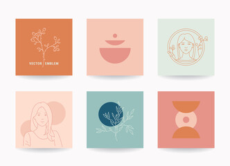 Minimal linear design templates vector set. Beautiful female faces, plants, abstract illustrations. Minimalist modern thin line emblem, poster, t-shirt print, business card. Editable strokes.