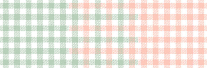Gingham pattern set in coral pink, green, white. Spring summer textured striped seamless vichy check vector graphics for tablecloth, oilcloth, napkin, dress, other modern fashion fabric design.