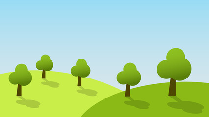 landscape cartoon scene with trees green grass on hill in summer blue sky background with copy space